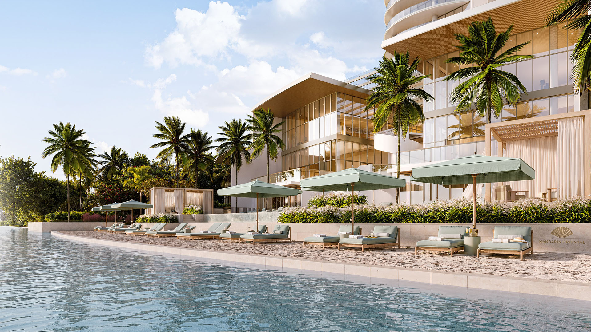 Mandarin Oriental Residences West Palm Beach, waterfront pool terrace with daybeds and glass facade — ALMAS Hospitality luxury development advisory