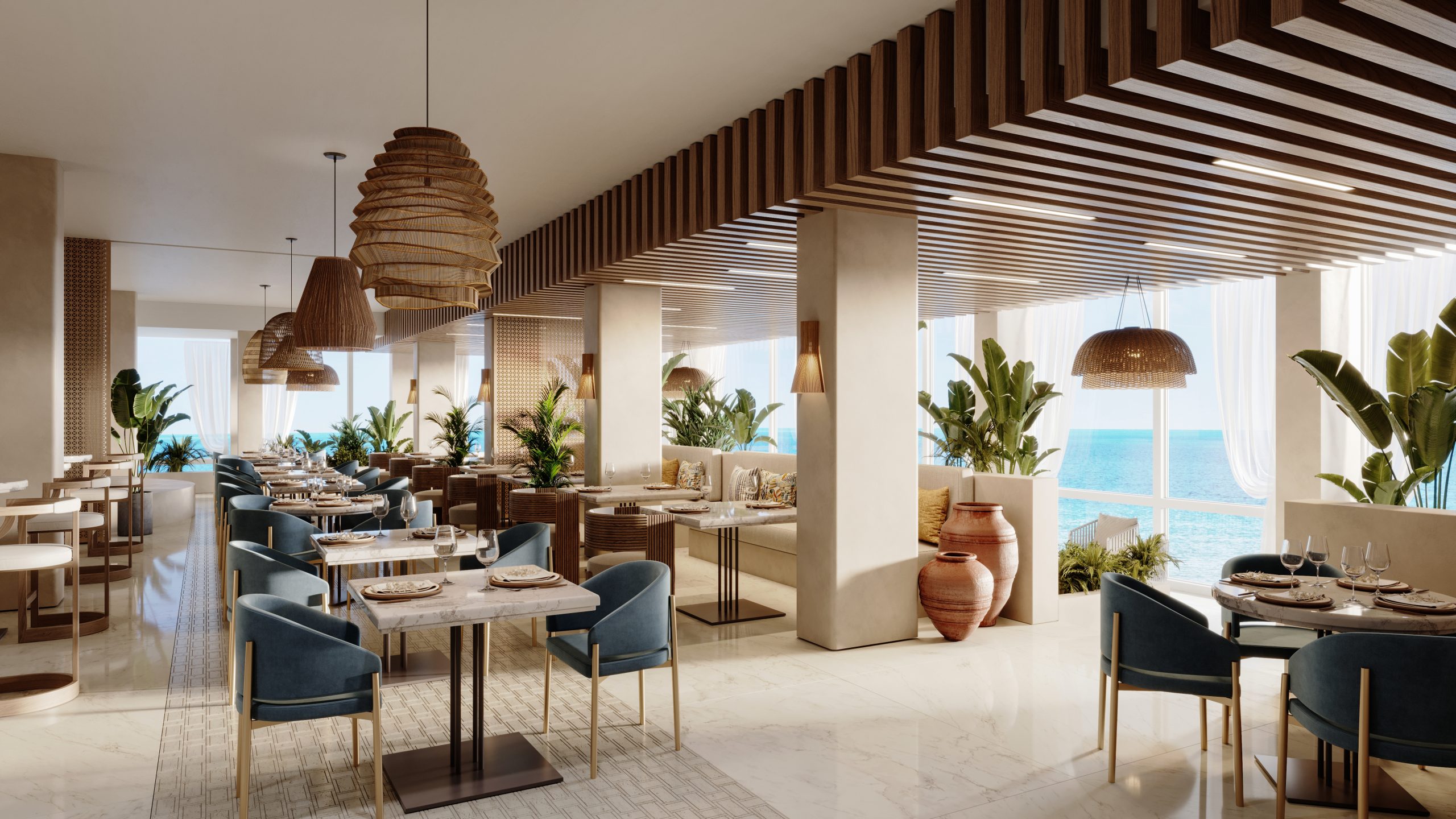 Hotel restaurant with sea view, interior design concept, Algarve